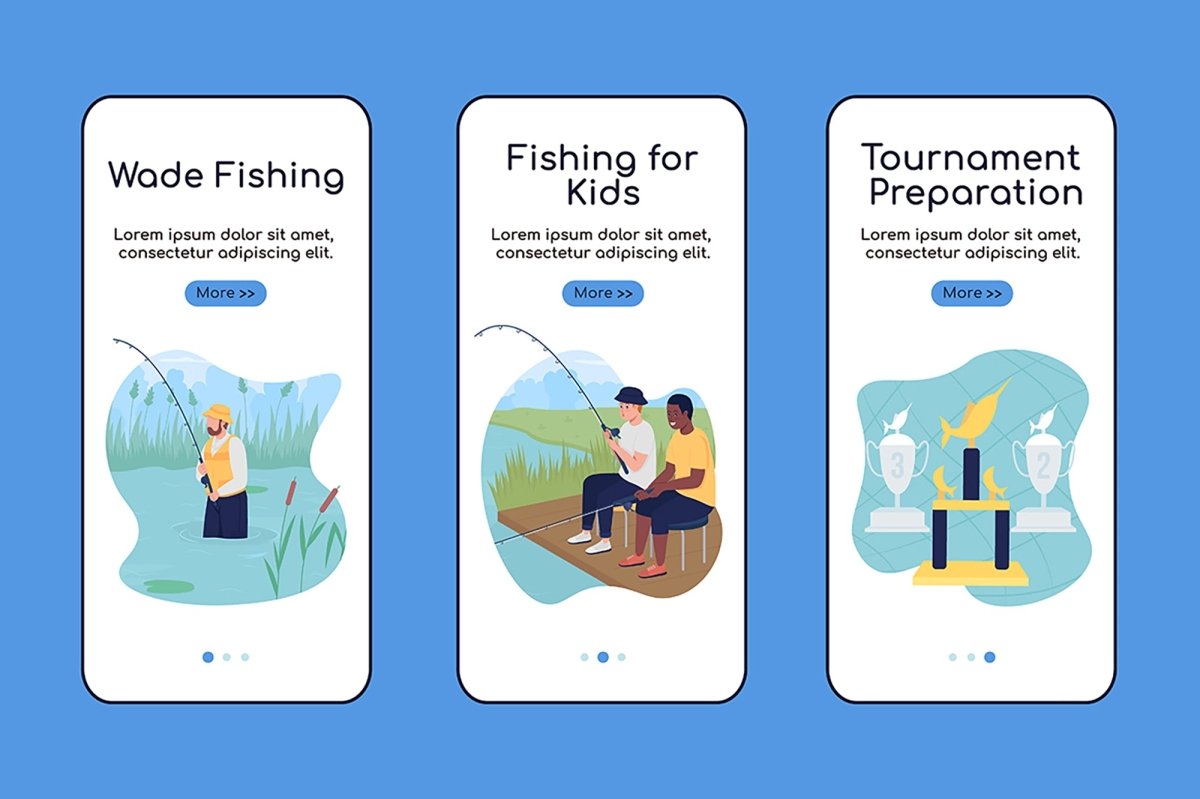 Camping trip with fishing onboarding mobile app screen vector templates