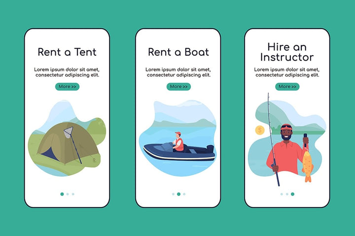Camping trip with fishing onboarding mobile app screen vector templates