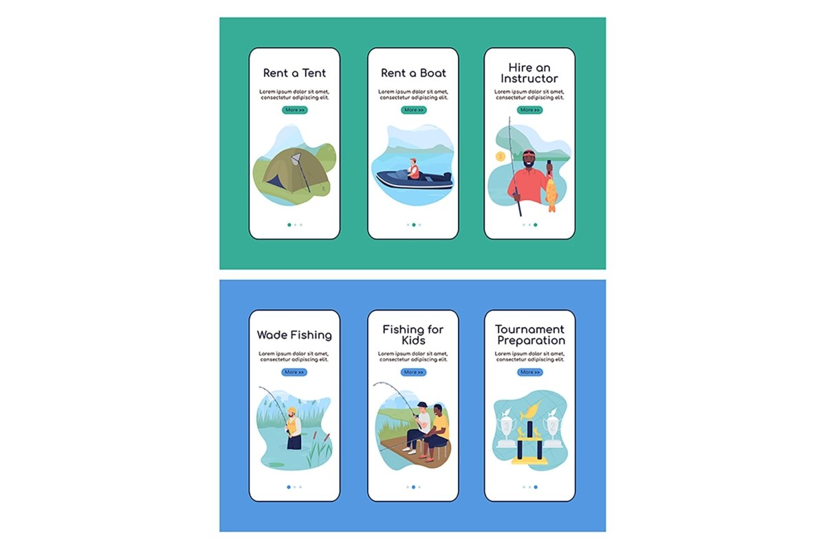 Camping trip with fishing onboarding mobile app screen vector templates