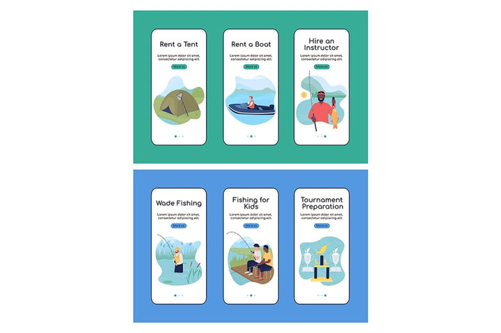 Camping trip with fishing onboarding mobile app screen vector templates