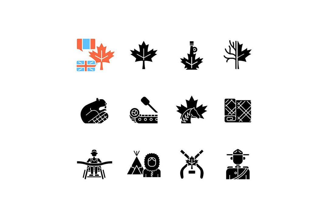 Canadian symbols black glyph icons set on white space