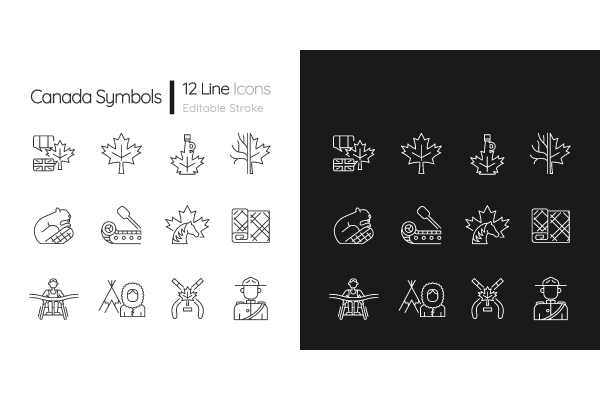 Canadian symbols linear icons set for dark and light modes set