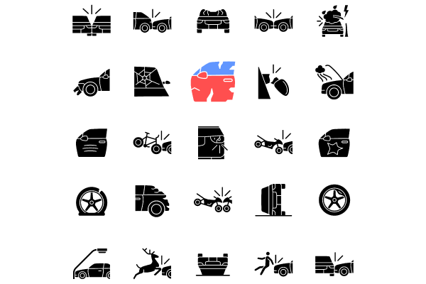 Car accident types black glyph icons set