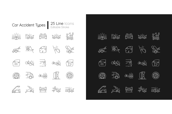 Car accident types linear icons set for dark and light mode