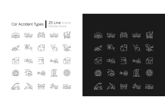 Car accident types linear icons set for dark and light mode