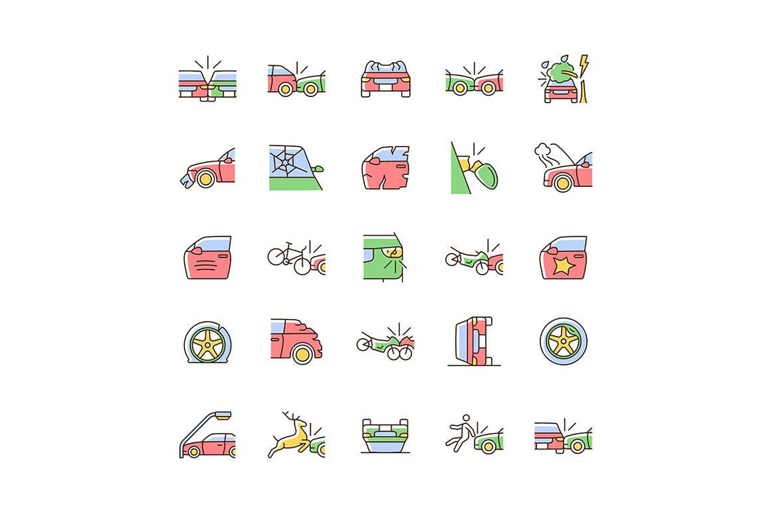 Car accident types RGB color icons set