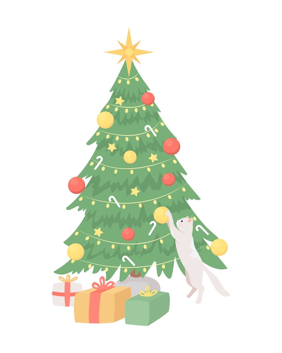 Cat playing with christmas tree semi flat color vector character