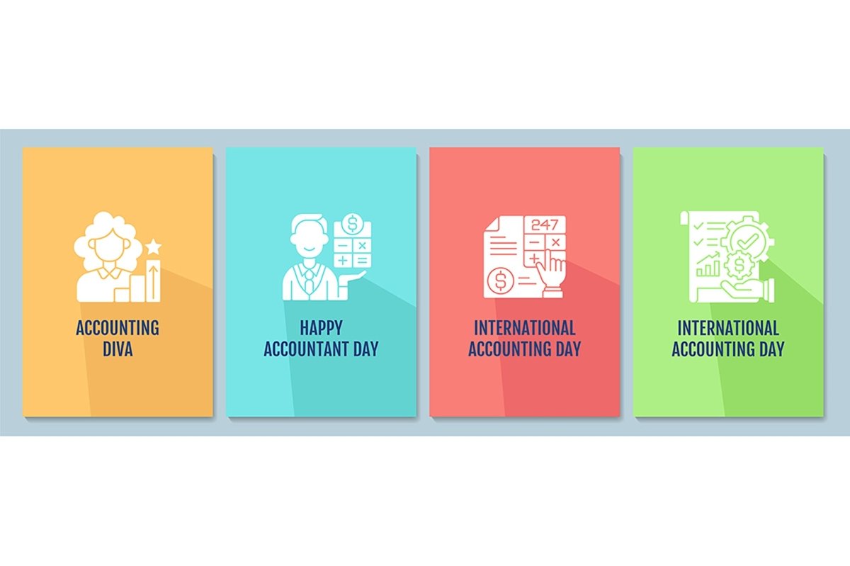 Celebrate accounting day greeting cards with glyph icon element set