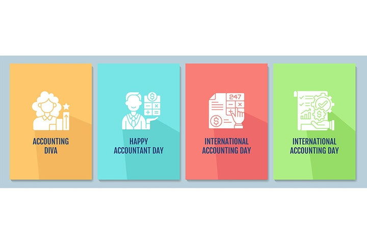 Celebrate accounting day greeting cards with glyph icon element set