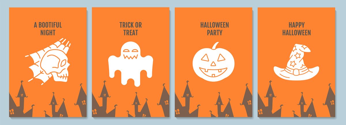 Celebrate Halloween night greeting cards with glyph icon element set