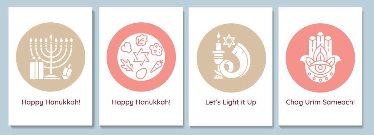 Celebrate Hanukkah event greeting cards with glyph icon element set