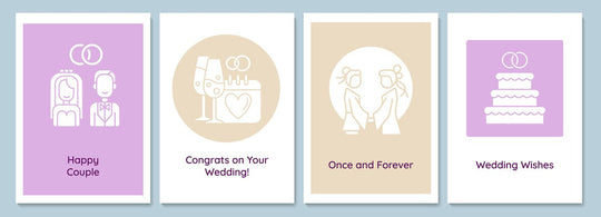 Celebrate marriage day greeting cards with glyph icon element set