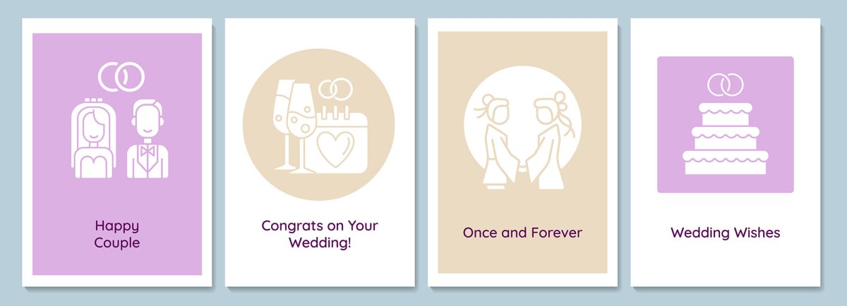Celebrate marriage day greeting cards with glyph icon element set