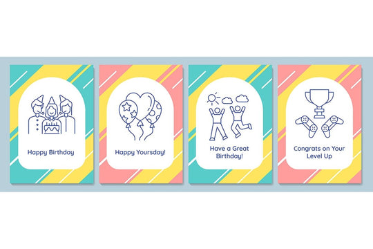 Celebrating birthday party postcards with linear glyph icon set
