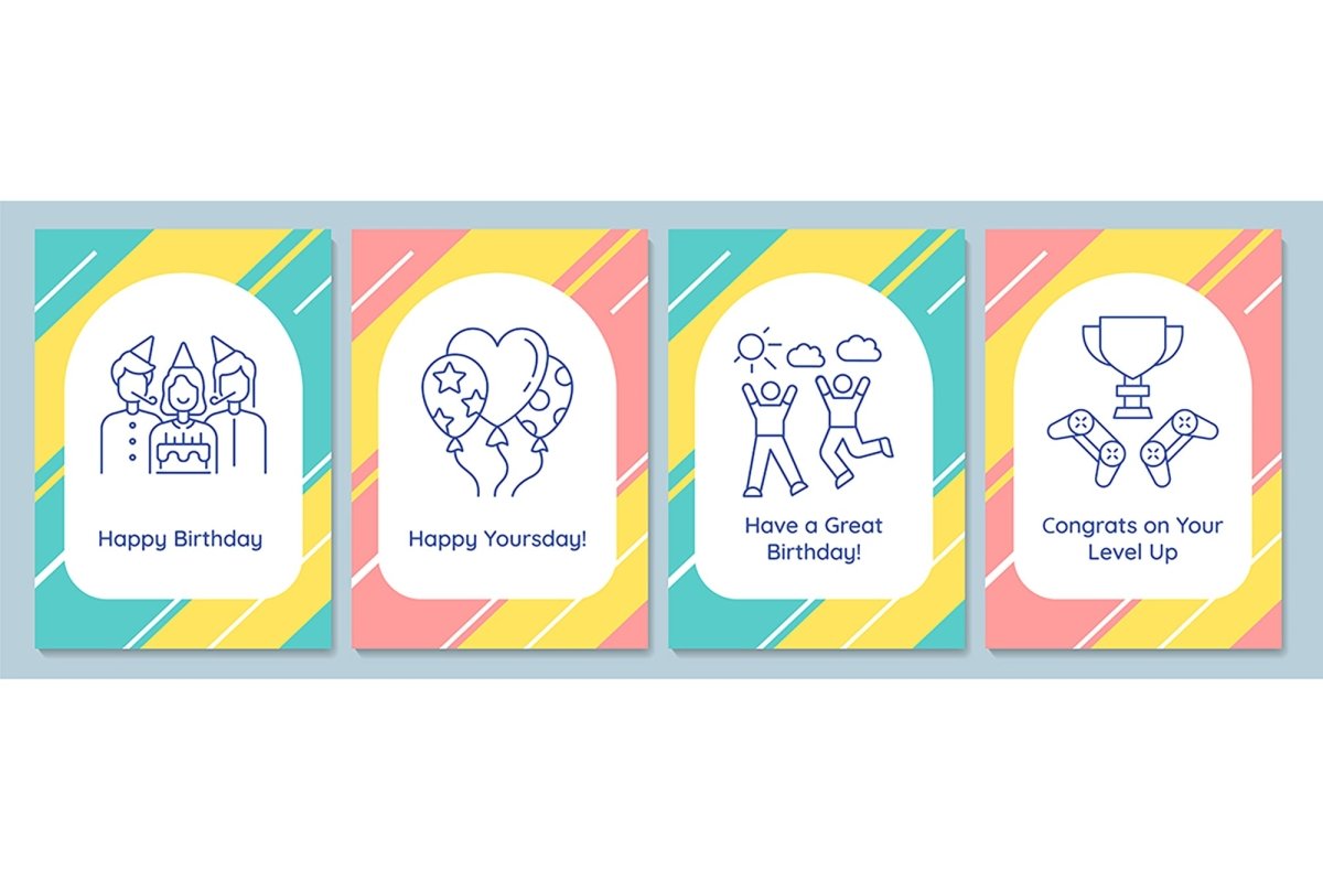 Celebrating birthday party postcards with linear glyph icon set