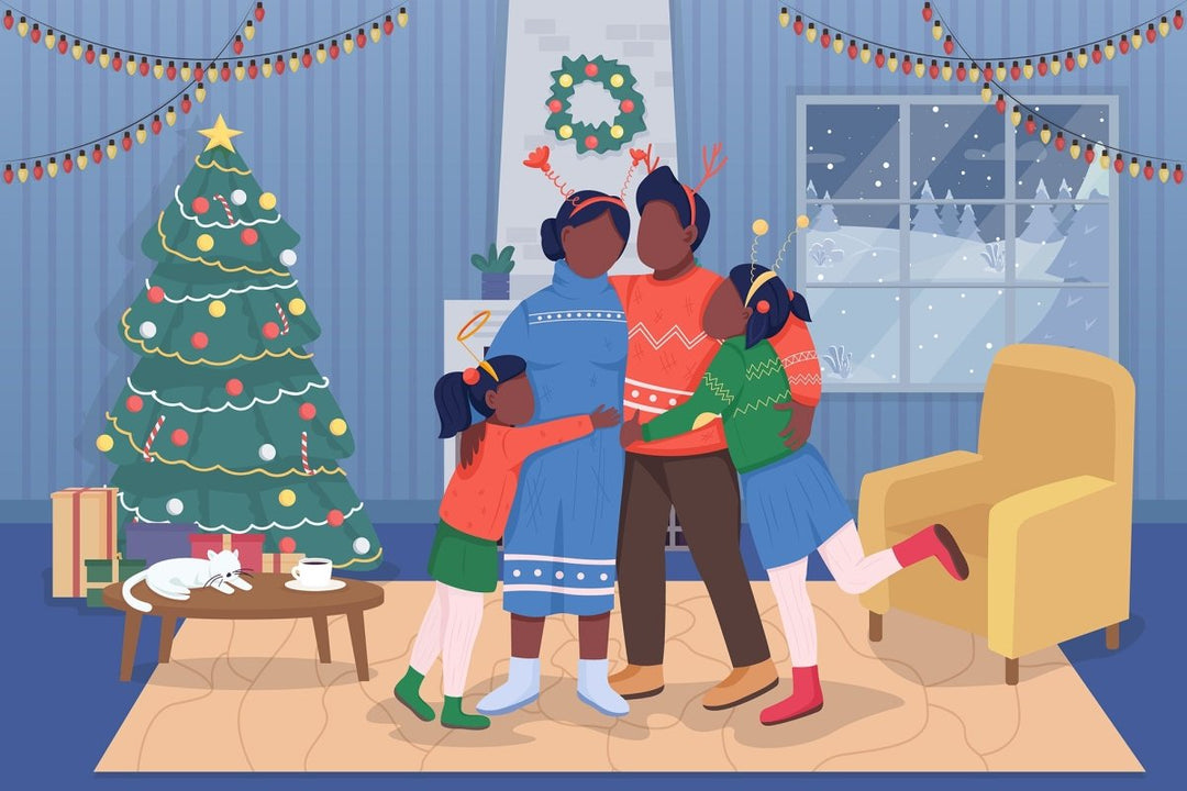 Celebrating Christmas at home flat color vector illustration set