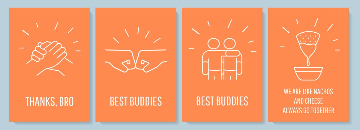 Celebrating joy of true friendship postcard with linear glyph icon set