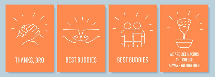 Celebrating joy of true friendship postcard with linear glyph icon set