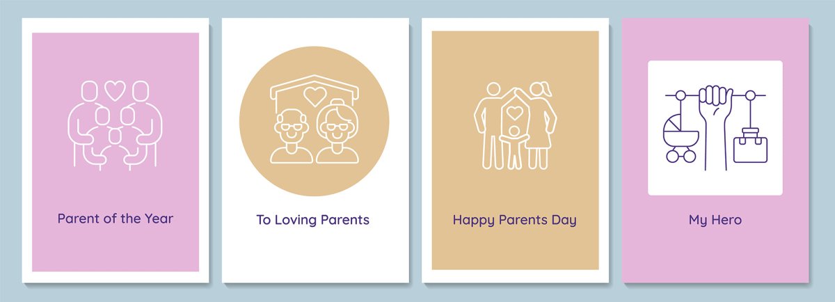 Celebrating parents day with family postcards with linear glyph icon set