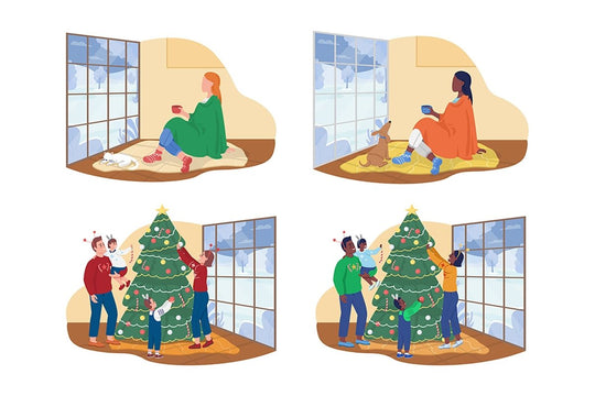 Celebrating winter holidays at home 2D vector isolated illustration set