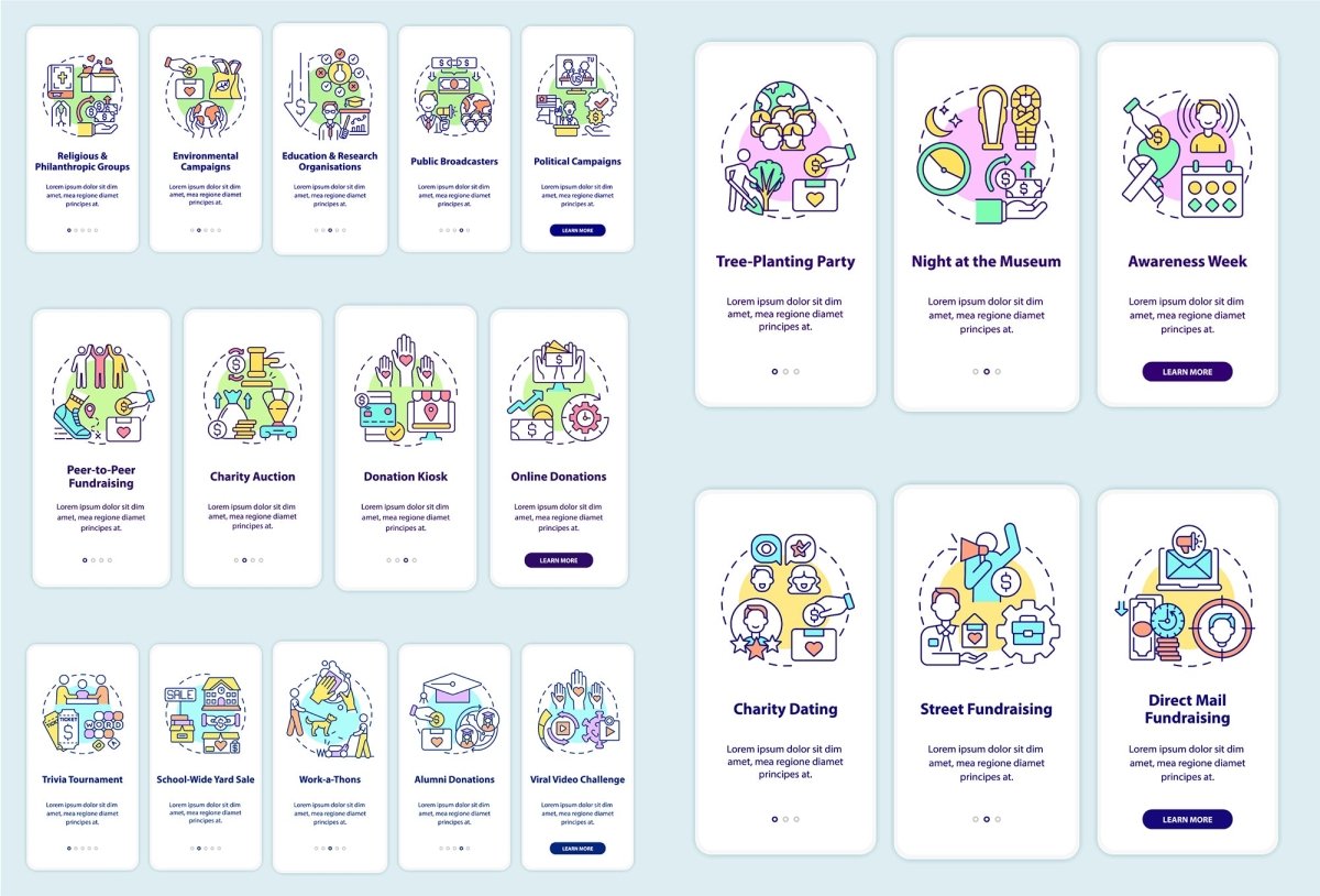 Charitable donations onboarding mobile app page set