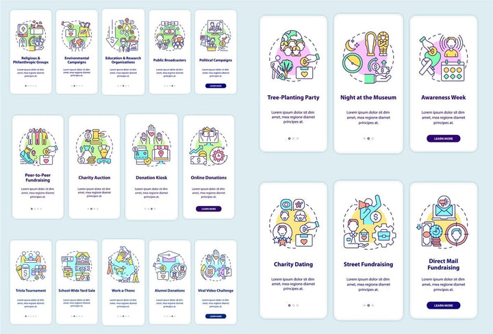 Charitable donations onboarding mobile app page set