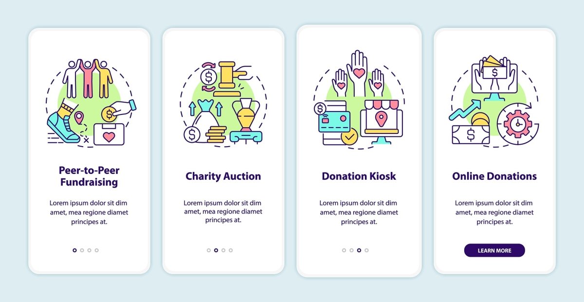 Charitable donations onboarding mobile app page set