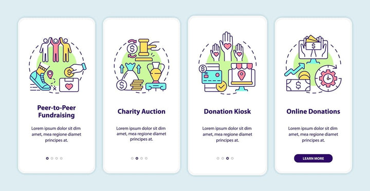 Charitable donations onboarding mobile app page set