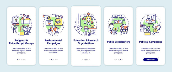 Charitable donations onboarding mobile app page set