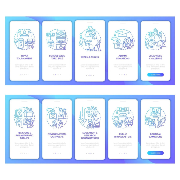 Charitable investments onboarding mobile app page set