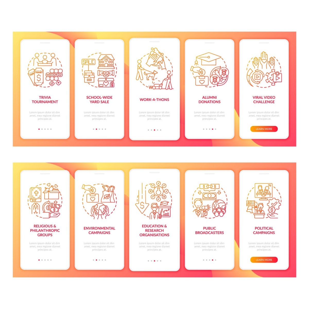 Charitable investments onboarding mobile app page set