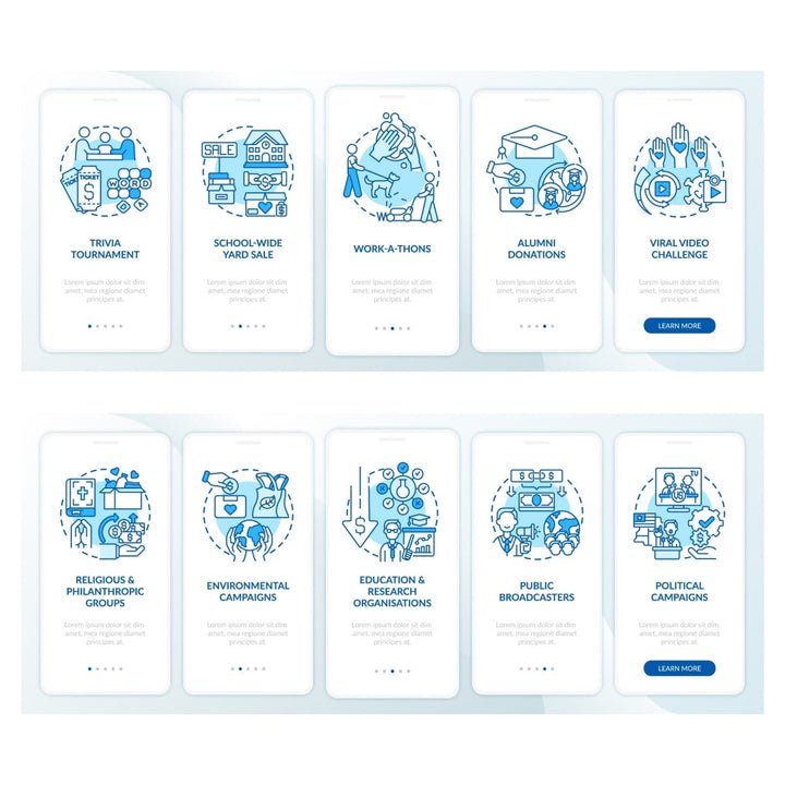 Charitable investments onboarding mobile app page set