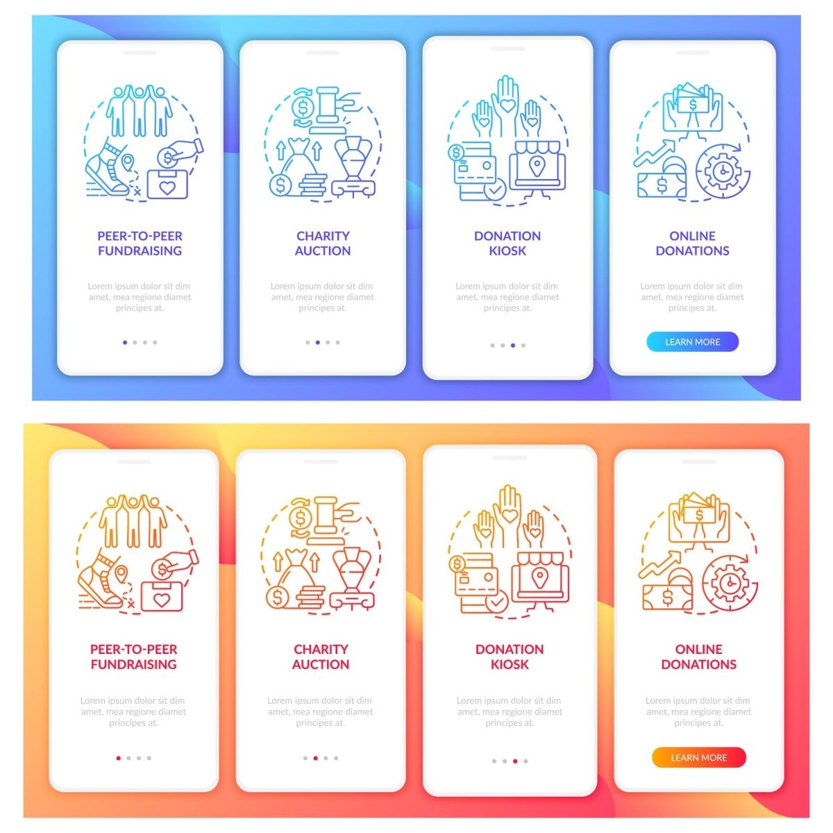 Charitable investments onboarding mobile app page set