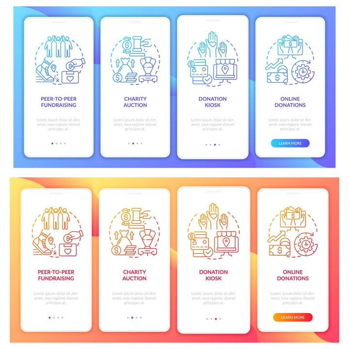 Charitable investments onboarding mobile app page set