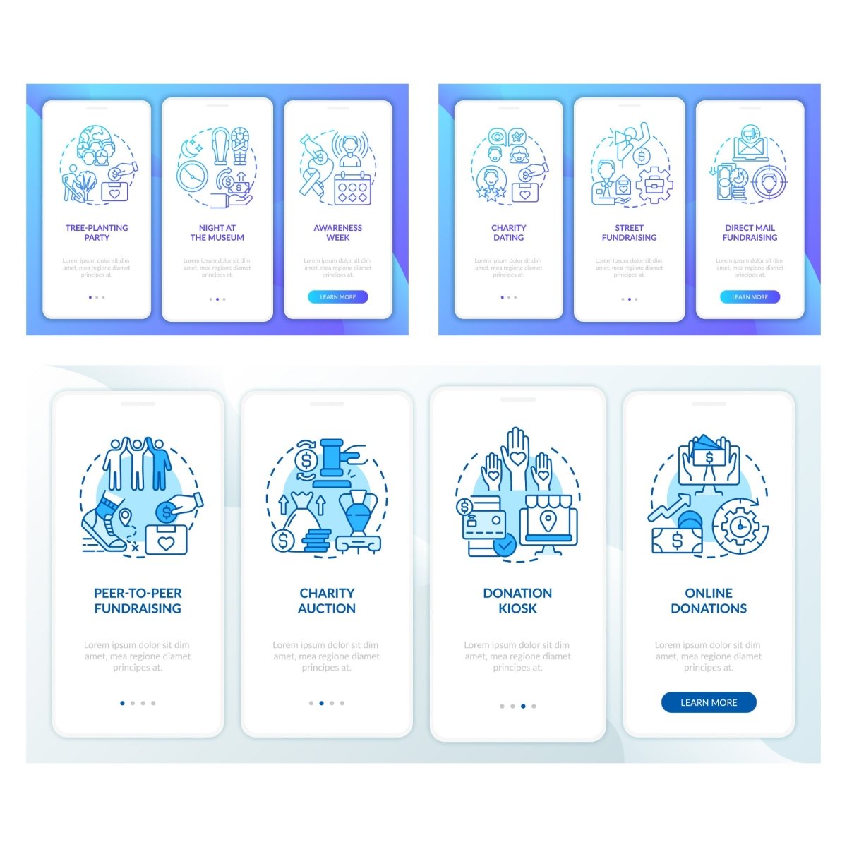 Charitable investments onboarding mobile app page set
