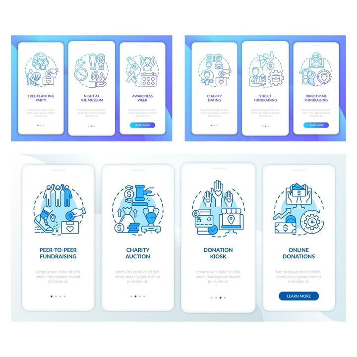 Charitable investments onboarding mobile app page set