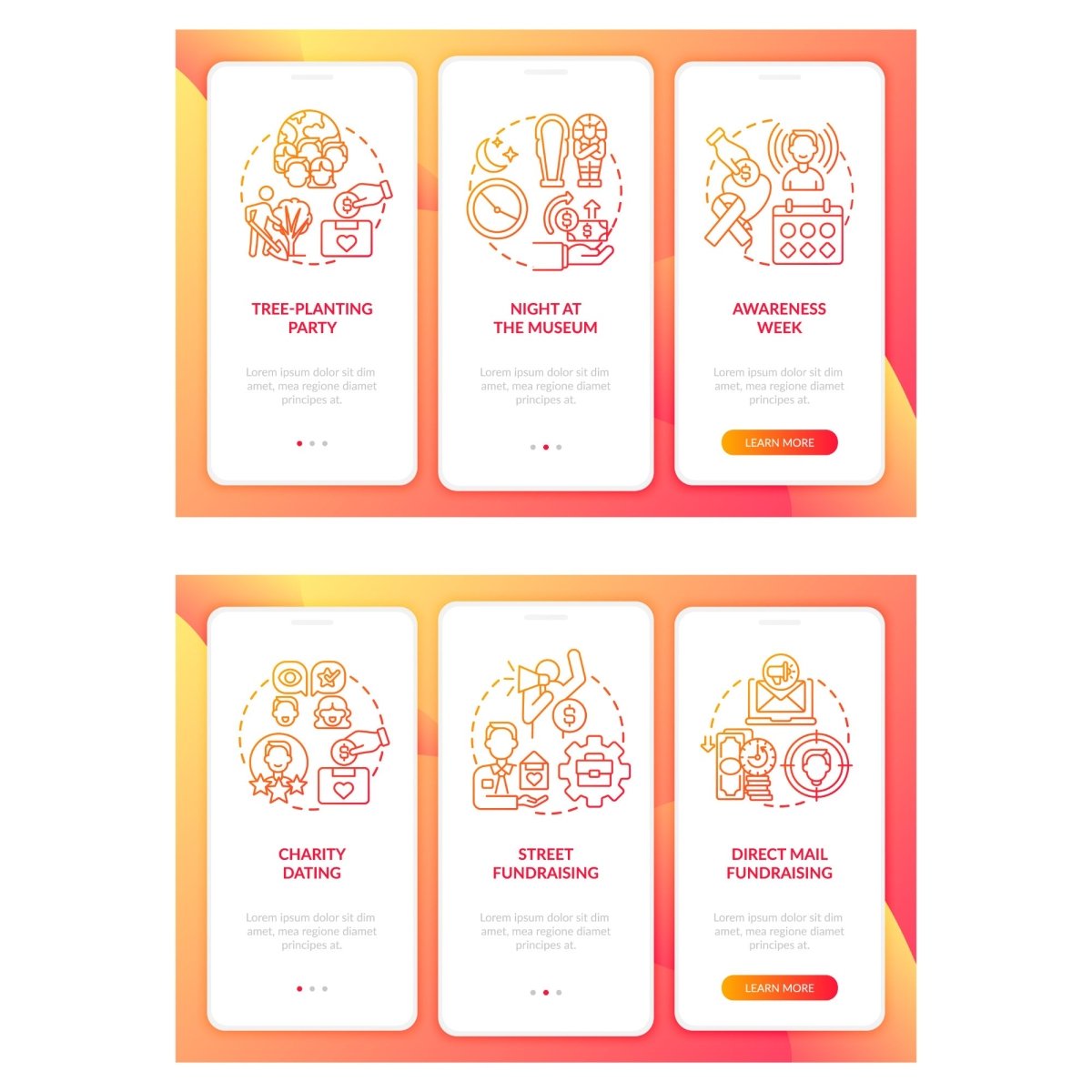 Charitable investments onboarding mobile app page set