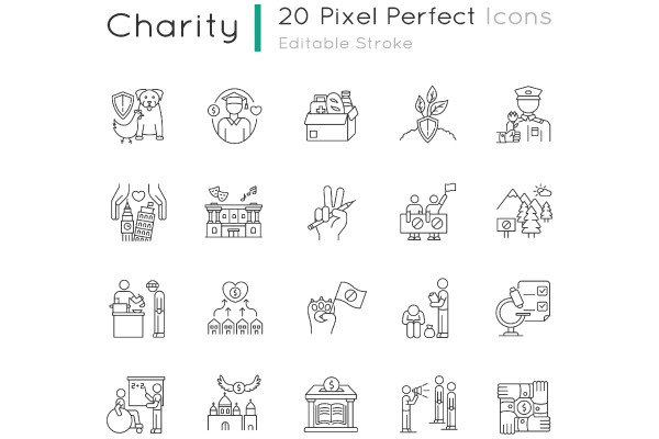 Charity pixel perfect linear icons set