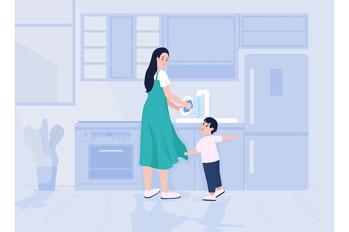 Child distracts mother flat color vector illustration set