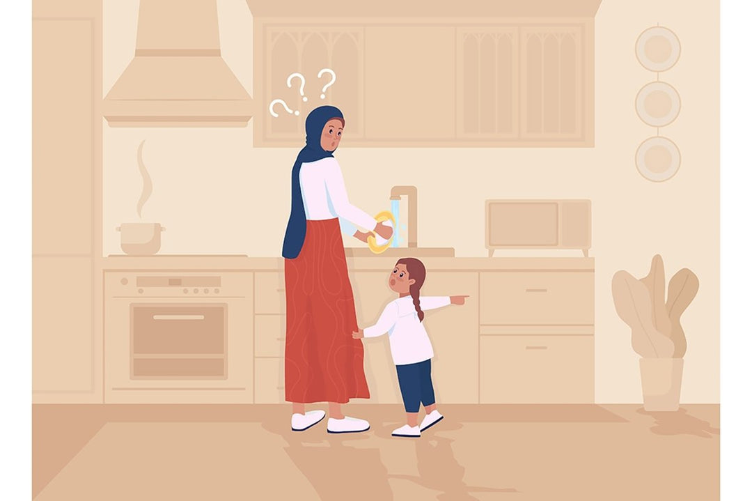 Child distracts mother flat color vector illustration set