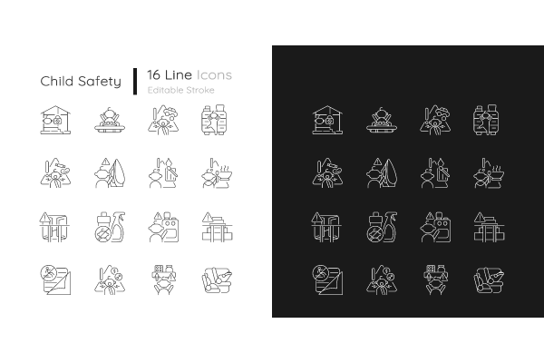 Child safety linear icons set for dark and light mode