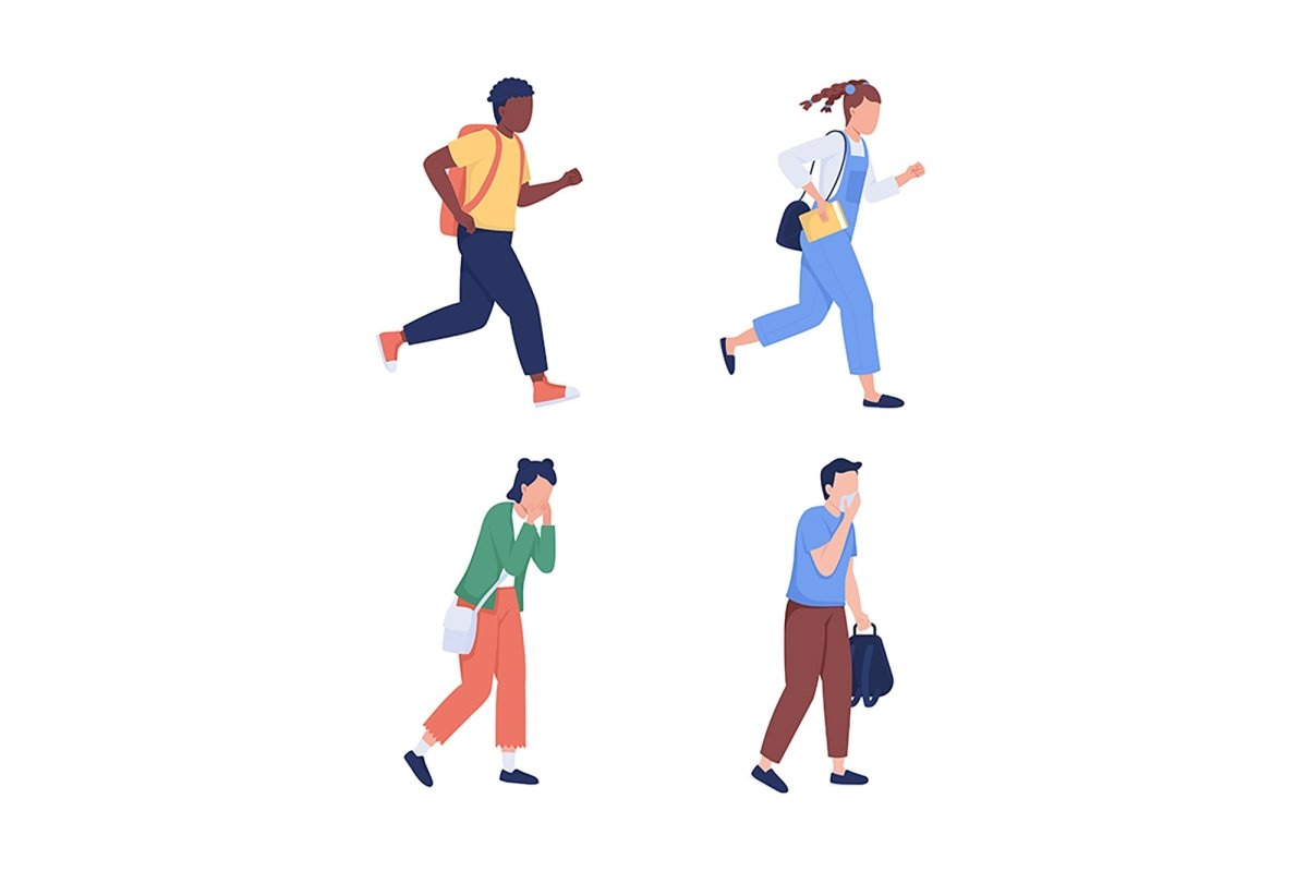 Children evacuating from building semi flat color vector characters set