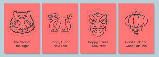 Chinese new year celebration postcards with linear glyph icon set