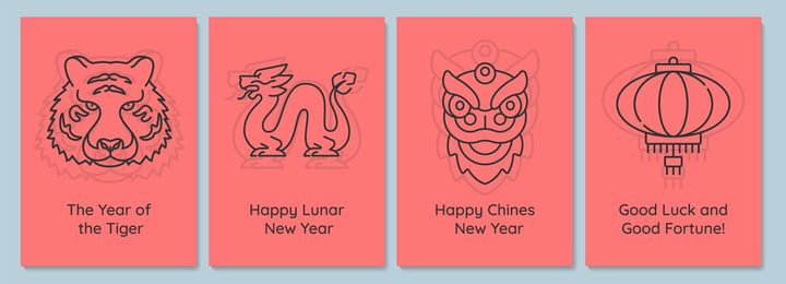 Chinese new year celebration postcards with linear glyph icon set