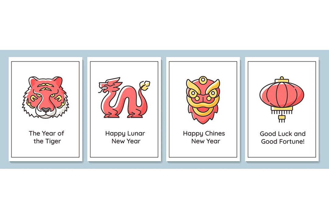 Chinese new year celebration traditions greeting cards with color icon element set