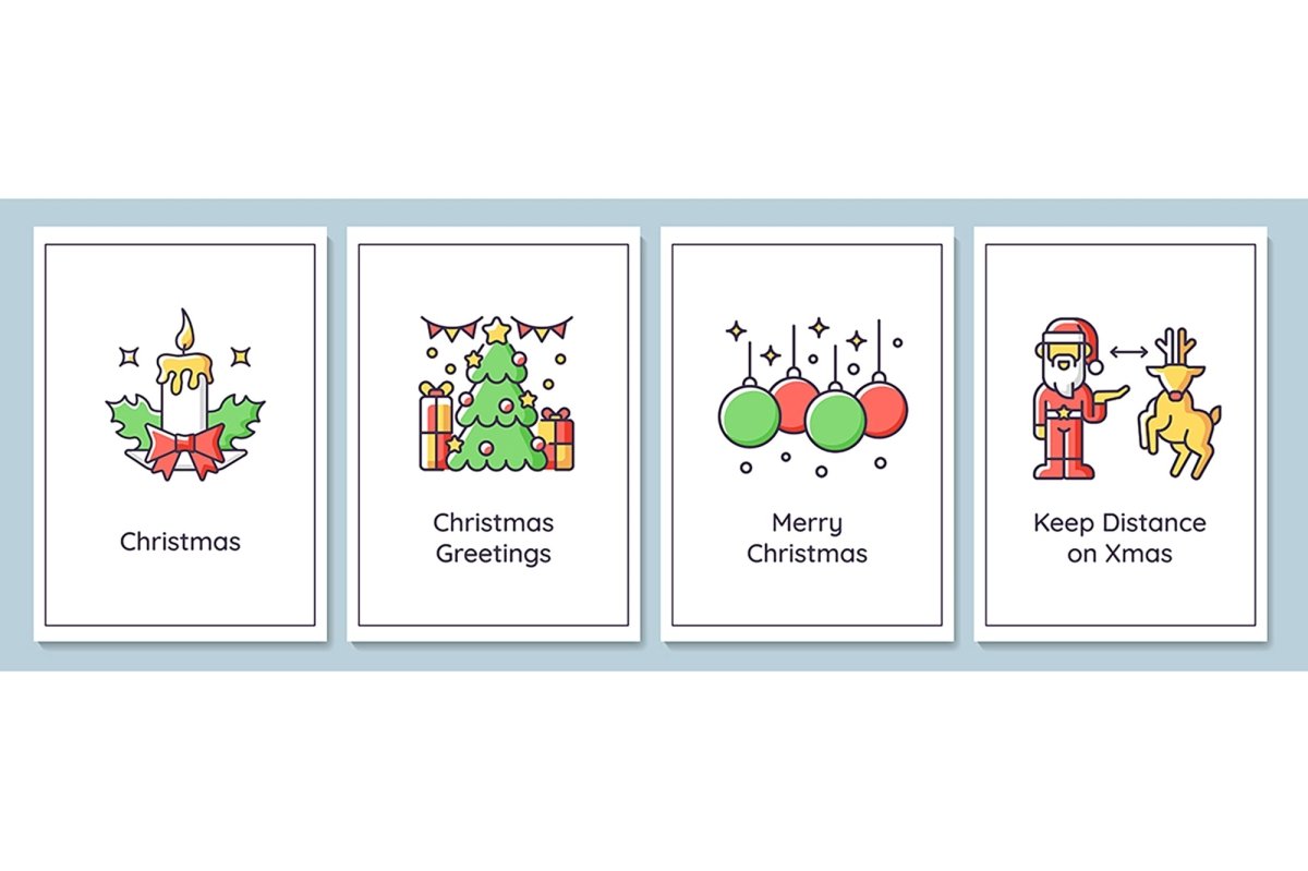Christmas celebration greeting cards with color icon element set