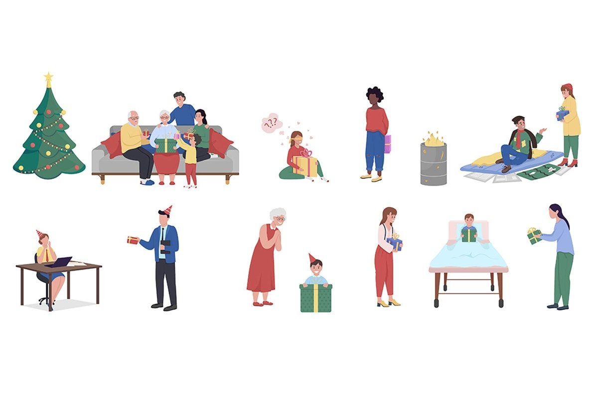 Christmas celebration semi flat color vector characters set