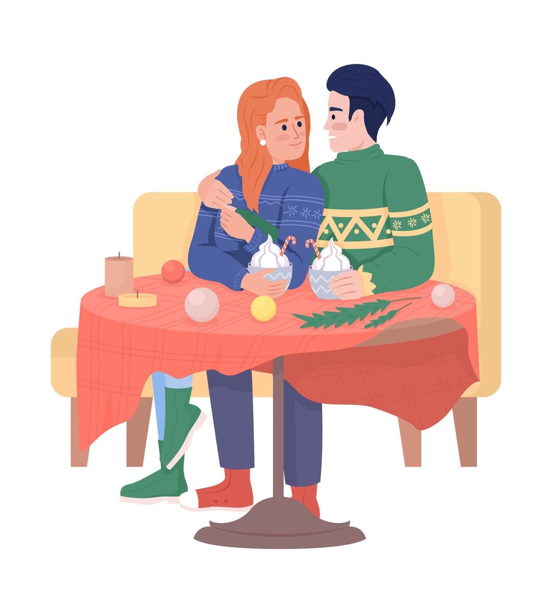 Christmas date with hot drinks for couple semi flat color vector characters
