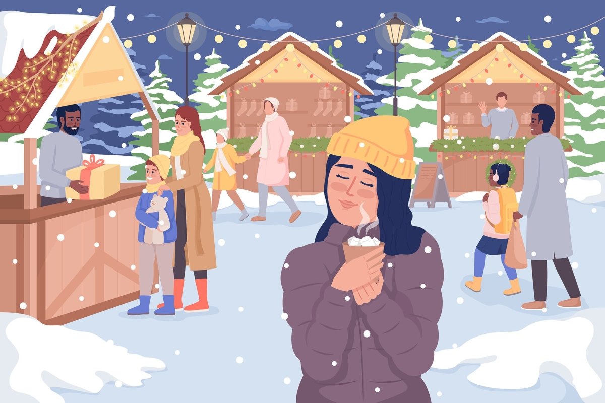 Christmas market flat color vector illustration