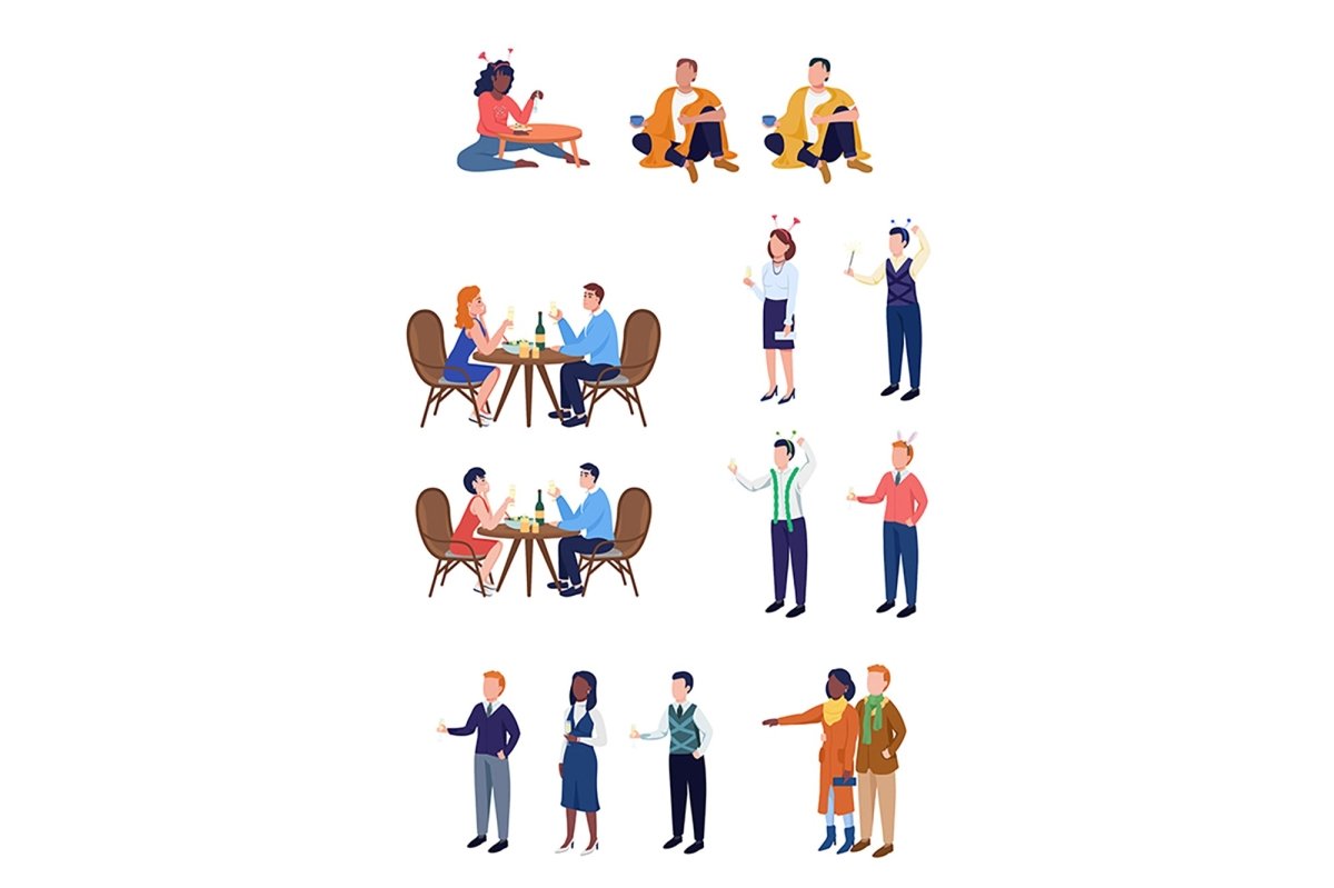 Christmas party flat color vector character set